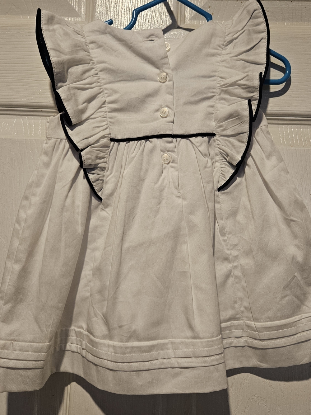 Matalan White Girls' Ruffle Dress with Navy Trim and Bow 6-9 Months - Picture 3 of 4